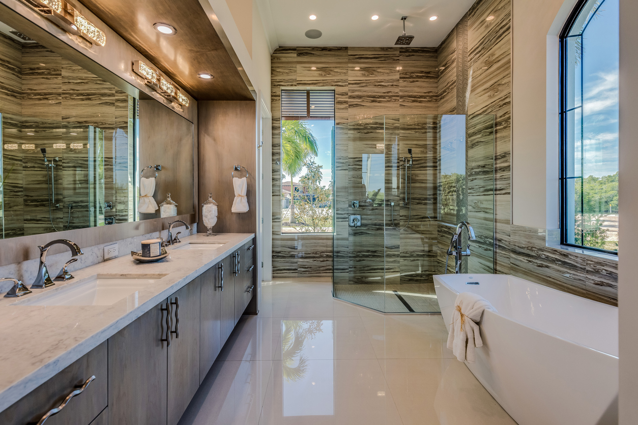 Beautiful modern bathroom as featured image for must-haves in a modern bathroom.